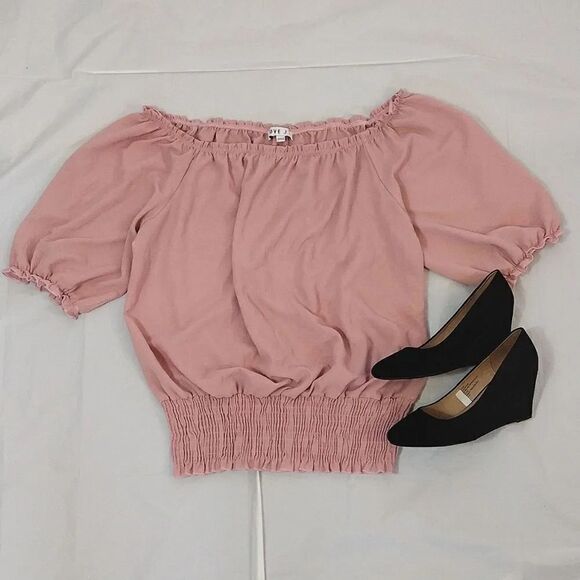 Love J Pink Blush Ruffled Off The Shoulder Smock Hem Blouse 1X - Picture 3 of 17